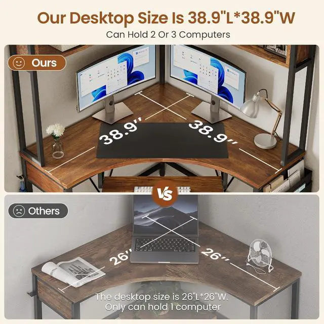 Alt view image 4 of 6 - Corner Desk, 39" W x 62" H Small Office Desk with Hutch & LED Lights, Triangle Gaming Computer Desk with Keyboard Tray, Storage Bag, and Headphone Hook for Small Space, Rustic Brown