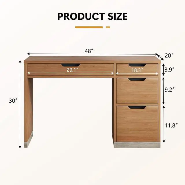 Alt view image 2 of 6 - 48 Inch Small Desk with 4 Drawers, Computer Desk with Storage File Drawer for Bedroom, Home Office Desk with Storage for Small Space, Brown
