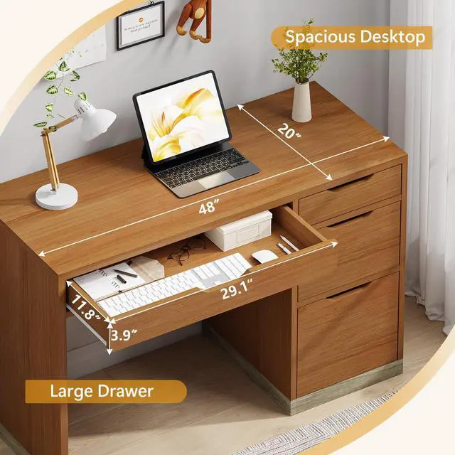 Alt view image 4 of 6 - 48 Inch Small Desk with 4 Drawers, Computer Desk with Storage File Drawer for Bedroom, Home Office Desk with Storage for Small Space, Brown