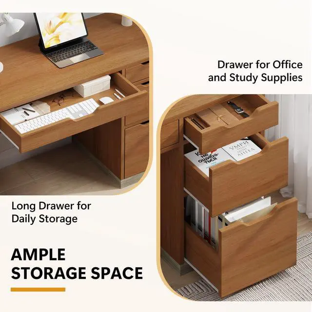 Alt view image 6 of 6 - 48 Inch Small Desk with 4 Drawers, Computer Desk with Storage File Drawer for Bedroom, Home Office Desk with Storage for Small Space, Brown