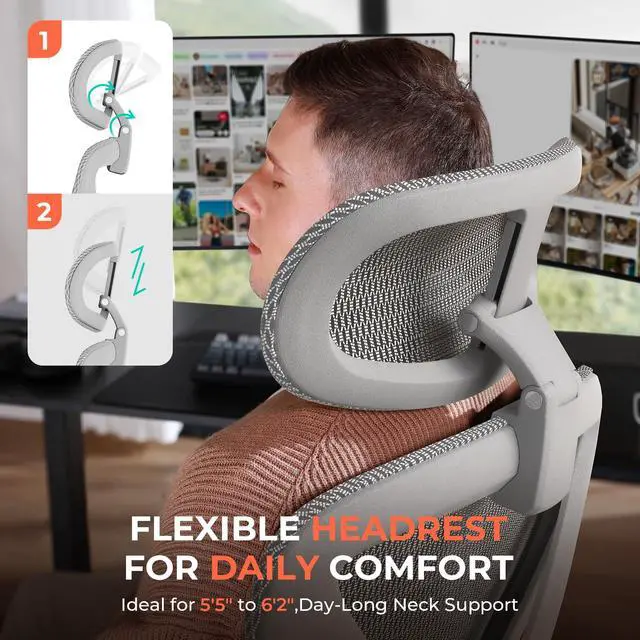 Alt view image 4 of 6 - Ergonomic Mesh Office Chair, Adjustable Lumbar High Back Desk Chair 400lbs, 4D Flip-up Arms, 3 Tilt Backrest, 3D Headrest, PU Wheels, Swivel Rolling Computer Chair for Long Desk Work - Grey
