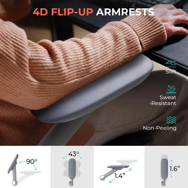Alt view image 5 of 6 - Ergonomic Mesh Office Chair, Adjustable Lumbar High Back Desk Chair 400lbs, 4D Flip-up Arms, 3 Tilt Backrest, 3D Headrest, PU Wheels, Swivel Rolling Computer Chair for Long Desk Work - Grey