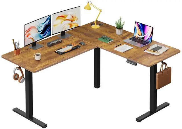 Main image of 63 Inch L Shaped Electric Standing Desk, 3 Adjustable Computer Desk for Home Office, Sit to Stand Desk with LED Touchscreen,Headphone Hook, 3 Memory Preset, with Split Top, Rustic Brown
