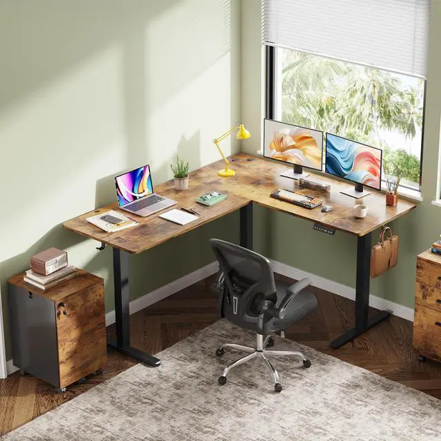 Alt view image 2 of 6 - 63 Inch L Shaped Electric Standing Desk, 3 Adjustable Computer Desk for Home Office, Sit to Stand Desk with LED Touchscreen,Headphone Hook, 3 Memory Preset, with Split Top, Rustic Brown
