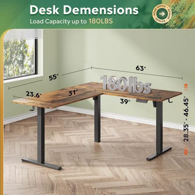 Alt view image 3 of 6 - 63 Inch L Shaped Electric Standing Desk, 3 Adjustable Computer Desk for Home Office, Sit to Stand Desk with LED Touchscreen,Headphone Hook, 3 Memory Preset, with Split Top, Rustic Brown