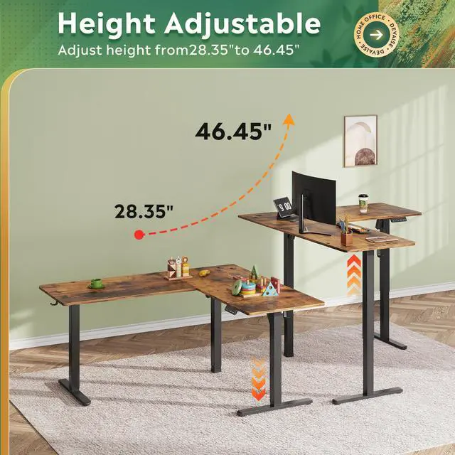 Alt view image 4 of 6 - 63 Inch L Shaped Electric Standing Desk, 3 Adjustable Computer Desk for Home Office, Sit to Stand Desk with LED Touchscreen,Headphone Hook, 3 Memory Preset, with Split Top, Rustic Brown