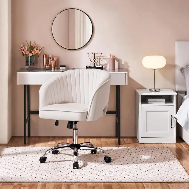 Alt view image 2 of 6 - Cute Desk Chair Velvet Vanity Chair with Wheels Home Office Upholstered Modern Swivel Armchair with Tufted Barrel Back for Study, Vanity, Bedroom Cream