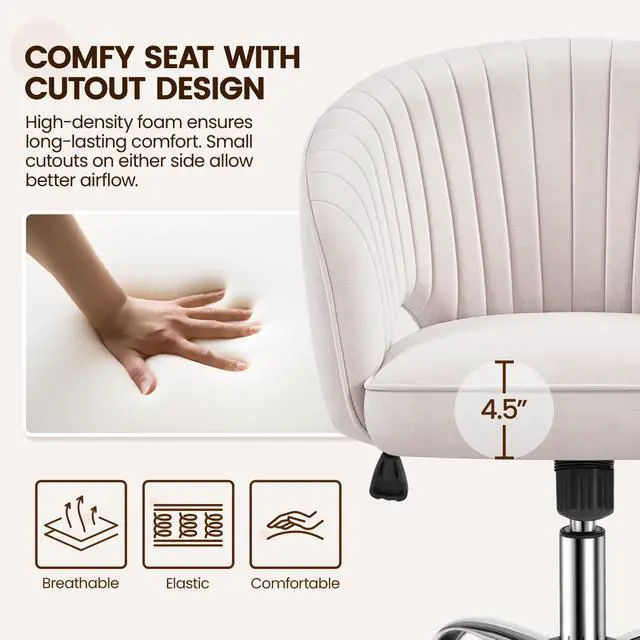 Alt view image 3 of 6 - Cute Desk Chair Velvet Vanity Chair with Wheels Home Office Upholstered Modern Swivel Armchair with Tufted Barrel Back for Study, Vanity, Bedroom Cream