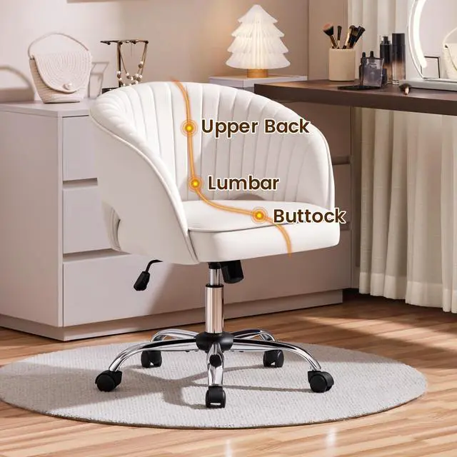 Alt view image 5 of 6 - Cute Desk Chair Velvet Vanity Chair with Wheels Home Office Upholstered Modern Swivel Armchair with Tufted Barrel Back for Study, Vanity, Bedroom Cream