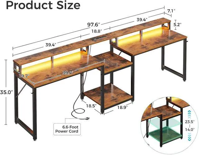 Alt view image 2 of 6 - 98 Inch 2 Person Gaming Desk with Storage Shelves, Long Double Home Office Computer Writing Desks with USB Charging Port & LED Lights, Monitor Stand, Modern Study/Work Table,Vintage