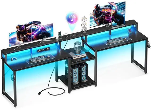 Main image of 98 Inch 2 Person Gaming Desk with Storage Shelves, Long Double Home Office Computer Writing Desks with USB Charging Port & LED Lights, Monitor Stand, Modern Study/Work Table,Black