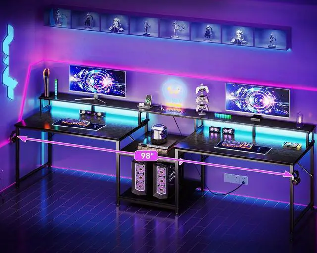 Alt view image 2 of 6 - 98 Inch 2 Person Gaming Desk with Storage Shelves, Long Double Home Office Computer Writing Desks with USB Charging Port & LED Lights, Monitor Stand, Modern Study/Work Table,Black