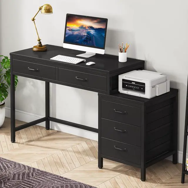 Main image of Computer Desk with 5 Drawers, Home Office Desks with Reversible Drawer Cabinet Printer Stand, Industrial PC Desk with Storage, Rustic Study Writing Table Workstation for Small Spaces, Black