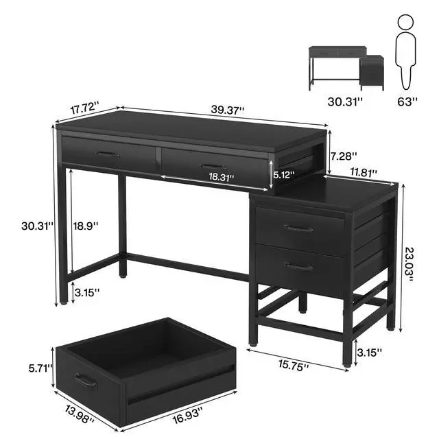 Alt view image 2 of 6 - Computer Desk with 5 Drawers, Home Office Desks with Reversible Drawer Cabinet Printer Stand, Industrial PC Desk with Storage, Rustic Study Writing Table Workstation for Small Spaces, Black