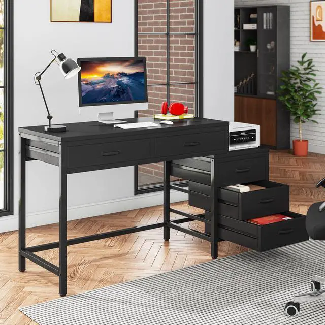 Alt view image 3 of 6 - Computer Desk with 5 Drawers, Home Office Desks with Reversible Drawer Cabinet Printer Stand, Industrial PC Desk with Storage, Rustic Study Writing Table Workstation for Small Spaces, Black