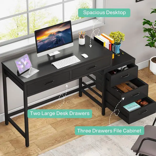 Alt view image 5 of 6 - Computer Desk with 5 Drawers, Home Office Desks with Reversible Drawer Cabinet Printer Stand, Industrial PC Desk with Storage, Rustic Study Writing Table Workstation for Small Spaces, Black