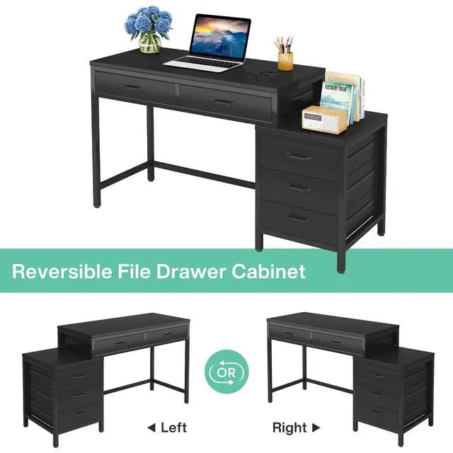 Alt view image 6 of 6 - Computer Desk with 5 Drawers, Home Office Desks with Reversible Drawer Cabinet Printer Stand, Industrial PC Desk with Storage, Rustic Study Writing Table Workstation for Small Spaces, Black