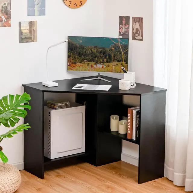 Main image of Corner Desk, 90 Degrees Triangle Computer Desk for Small Space, Bedroom Corner Makeup Vanity Desk with Storage Shelves & CPU Stand