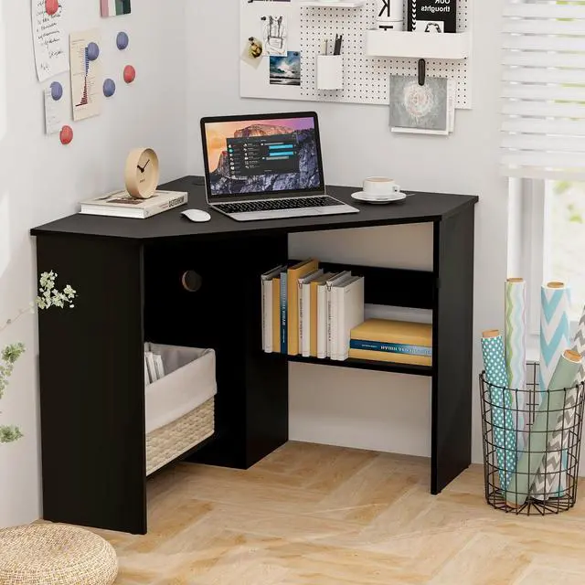 Alt view image 3 of 6 - Corner Desk, 90 Degrees Triangle Computer Desk for Small Space, Bedroom Corner Makeup Vanity Desk with Storage Shelves & CPU Stand