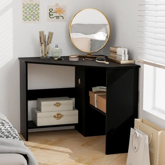 Alt view image 4 of 6 - Corner Desk, 90 Degrees Triangle Computer Desk for Small Space, Bedroom Corner Makeup Vanity Desk with Storage Shelves & CPU Stand