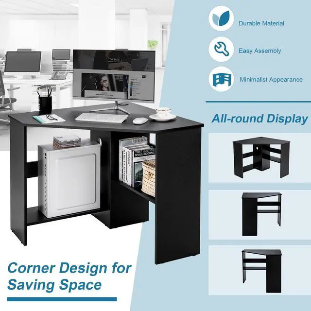 Alt view image 5 of 6 - Corner Desk, 90 Degrees Triangle Computer Desk for Small Space, Bedroom Corner Makeup Vanity Desk with Storage Shelves & CPU Stand