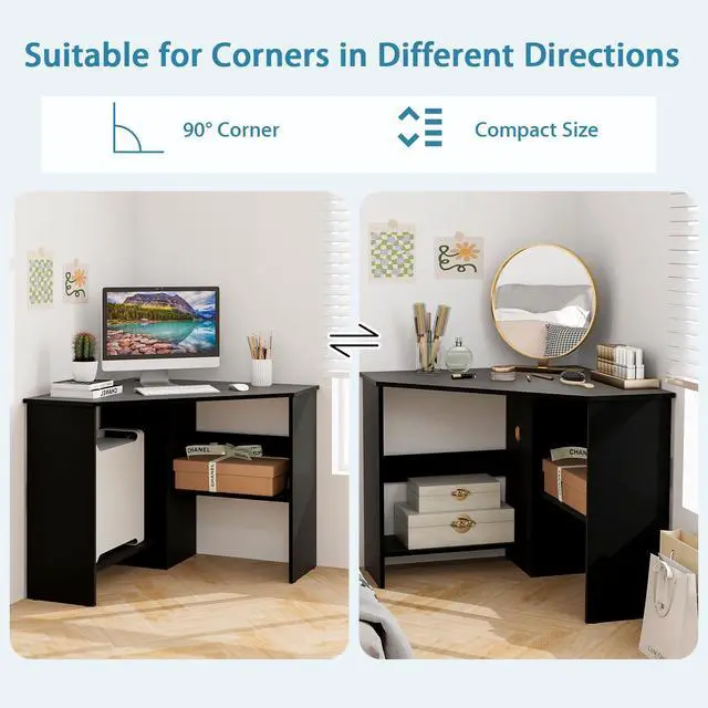 Alt view image 6 of 6 - Corner Desk, 90 Degrees Triangle Computer Desk for Small Space, Bedroom Corner Makeup Vanity Desk with Storage Shelves & CPU Stand