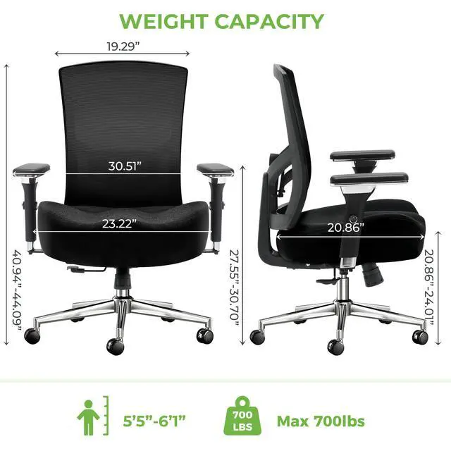 Alt view image 3 of 6 - Big and Tall Office Chair 700lbs with Ergonomic W Wide Thick Seat Cushion, Oversized Mesh Desk Chair with Adjustable Lumbar Support, Computer Chair with Upgraded 4D Armrests