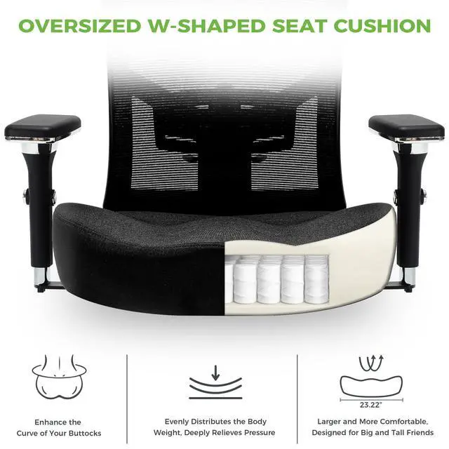 Alt view image 4 of 6 - Big and Tall Office Chair 700lbs with Ergonomic W Wide Thick Seat Cushion, Oversized Mesh Desk Chair with Adjustable Lumbar Support, Computer Chair with Upgraded 4D Armrests