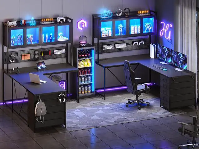 Alt view image 4 of 6 - L Shaped Gaming Desk with Drawers, L Shaped Computer Desk with Hutch and Storage Shelves, Gaming Desk with Pegboard, Led Lights, and Power Outlet, Home Office Desk, Corner Desk, Black
