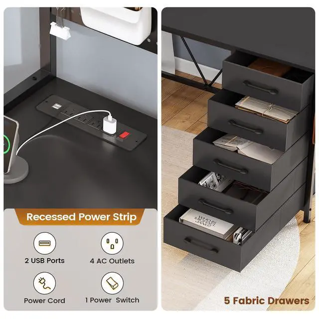 Alt view image 5 of 6 - L Shaped Gaming Desk with Drawers, L Shaped Computer Desk with Hutch and Storage Shelves, Gaming Desk with Pegboard, Led Lights, and Power Outlet, Home Office Desk, Corner Desk, Black
