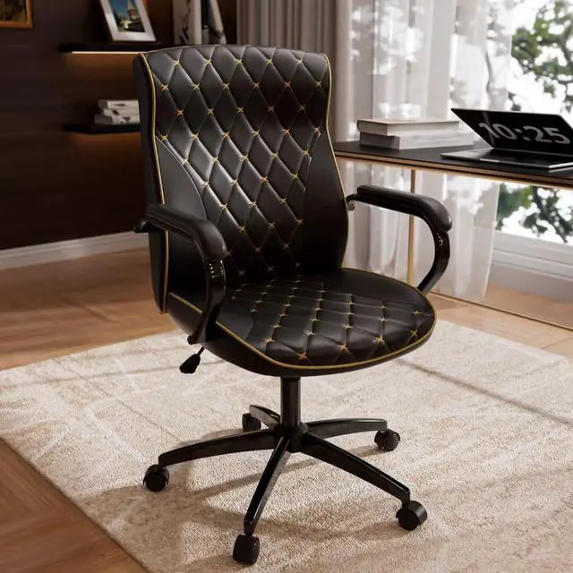Main image of Black Office Chair, Luxury Leather Executive Desk Chair | Elegant Timeless Appeal, Vintage Mid Back Styling with Wheels and Padded Arms, Thick High Density Foam Comfort