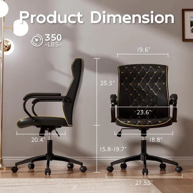 Alt view image 2 of 6 - Black Office Chair, Luxury Leather Executive Desk Chair | Elegant Timeless Appeal, Vintage Mid Back Styling with Wheels and Padded Arms, Thick High Density Foam Comfort