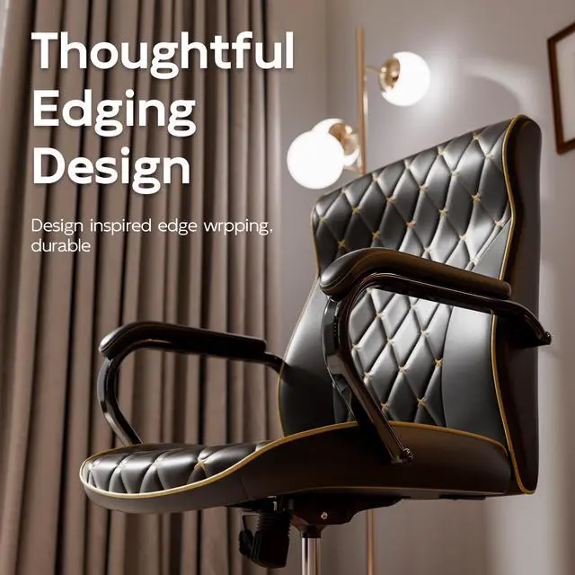 Alt view image 4 of 6 - Black Office Chair, Luxury Leather Executive Desk Chair | Elegant Timeless Appeal, Vintage Mid Back Styling with Wheels and Padded Arms, Thick High Density Foam Comfort