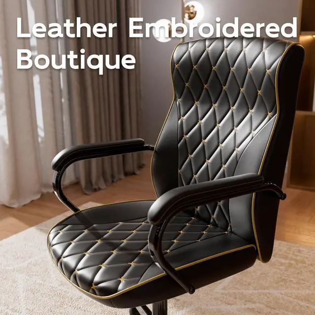 Alt view image 6 of 6 - Black Office Chair, Luxury Leather Executive Desk Chair | Elegant Timeless Appeal, Vintage Mid Back Styling with Wheels and Padded Arms, Thick High Density Foam Comfort