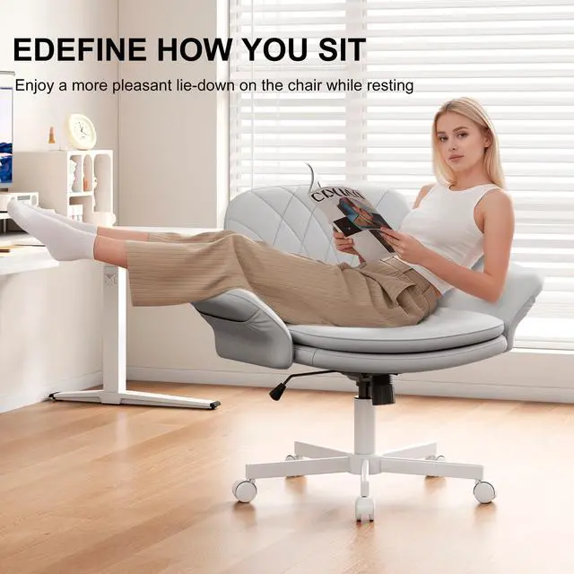 Alt view image 3 of 6 - Criss Cross Chair with Armrests & Wheels for Cross-Legged Sitting, Comfortable PU Leather Vanity Chair, Office Desk Chairs with Adjustable Rocking Function, for Home, Bedroom Gray