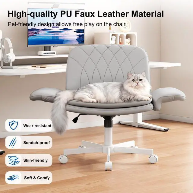 Alt view image 4 of 6 - Criss Cross Chair with Armrests & Wheels for Cross-Legged Sitting, Comfortable PU Leather Vanity Chair, Office Desk Chairs with Adjustable Rocking Function, for Home, Bedroom Gray