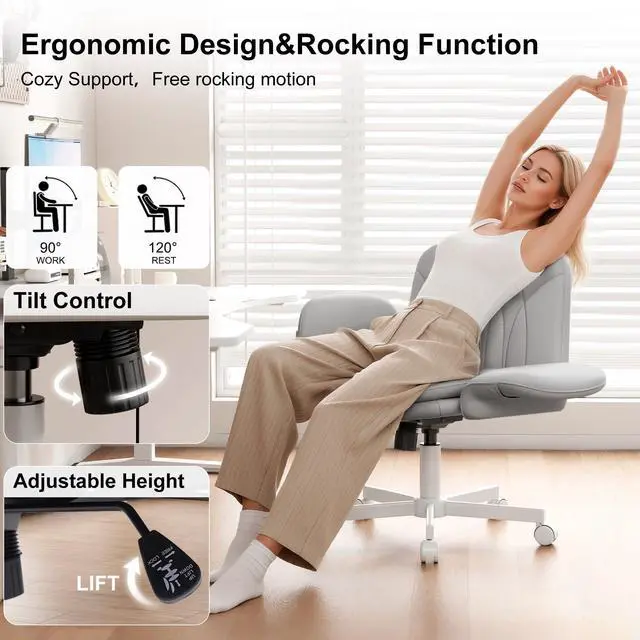Alt view image 5 of 6 - Criss Cross Chair with Armrests & Wheels for Cross-Legged Sitting, Comfortable PU Leather Vanity Chair, Office Desk Chairs with Adjustable Rocking Function, for Home, Bedroom Gray