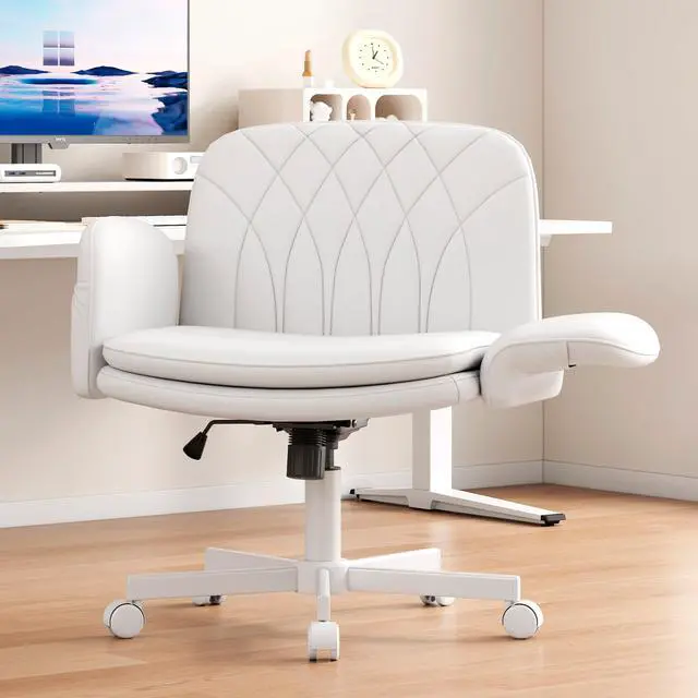 Main image of Criss Cross Chair with Armrests & Wheels for Cross-Legged Sitting, Comfortable PU Leather Vanity Chair, Office Desk Chairs with Adjustable Rocking Function, for Home, Bedroom White