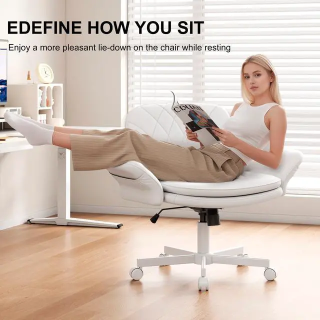Alt view image 3 of 6 - Criss Cross Chair with Armrests & Wheels for Cross-Legged Sitting, Comfortable PU Leather Vanity Chair, Office Desk Chairs with Adjustable Rocking Function, for Home, Bedroom White