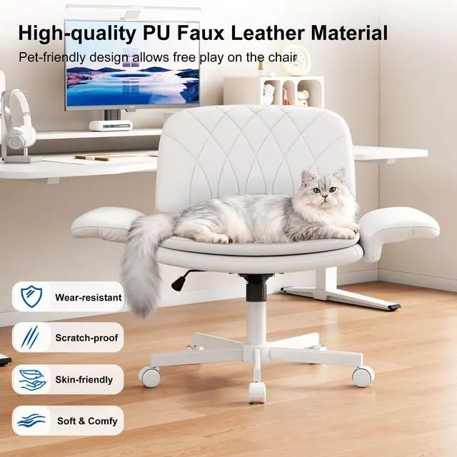 Alt view image 4 of 6 - Criss Cross Chair with Armrests & Wheels for Cross-Legged Sitting, Comfortable PU Leather Vanity Chair, Office Desk Chairs with Adjustable Rocking Function, for Home, Bedroom White