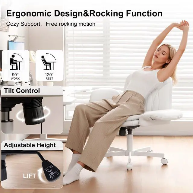 Alt view image 5 of 6 - Criss Cross Chair with Armrests & Wheels for Cross-Legged Sitting, Comfortable PU Leather Vanity Chair, Office Desk Chairs with Adjustable Rocking Function, for Home, Bedroom White