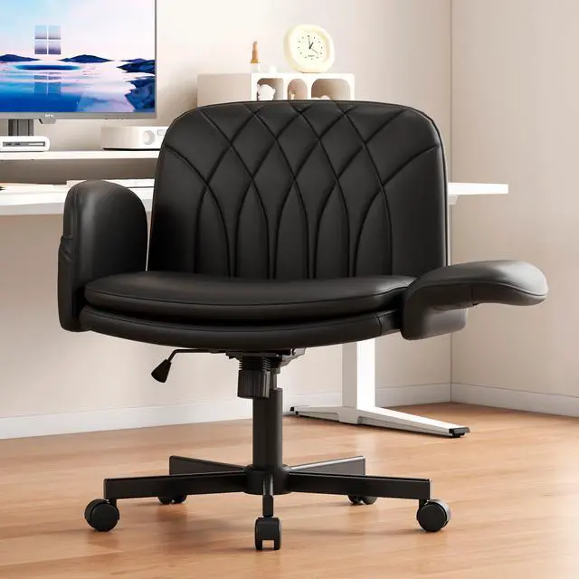 Main image of Criss Cross Chair with Armrests & Wheels for Cross-Legged Sitting, Comfortable PU Leather Vanity Chair, Office Desk Chairs with Adjustable Rocking Function, for Home, Bedroom Black