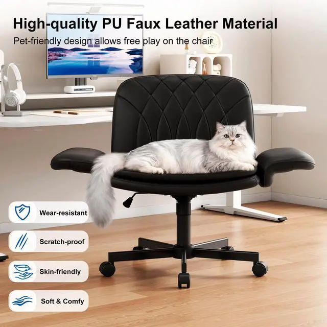 Alt view image 5 of 6 - Criss Cross Chair with Armrests & Wheels for Cross-Legged Sitting, Comfortable PU Leather Vanity Chair, Office Desk Chairs with Adjustable Rocking Function, for Home, Bedroom Black