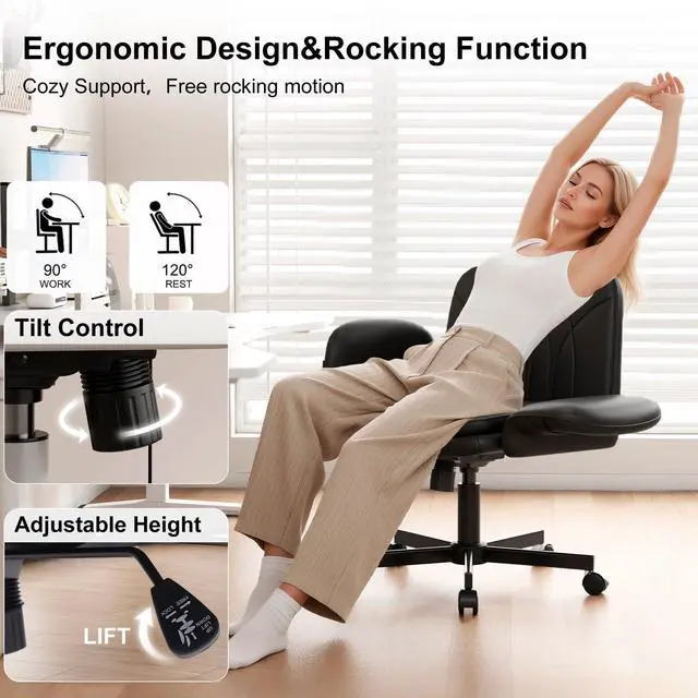 Alt view image 6 of 6 - Criss Cross Chair with Armrests & Wheels for Cross-Legged Sitting, Comfortable PU Leather Vanity Chair, Office Desk Chairs with Adjustable Rocking Function, for Home, Bedroom Black