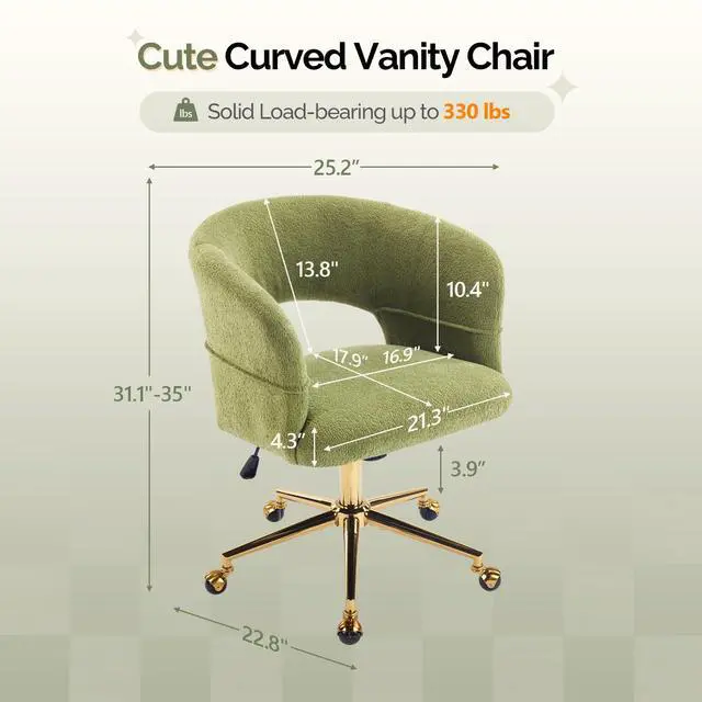 Alt view image 2 of 6 - Modern Curved Office & Vanity Desk Chair, Cute Upholstered Nail Chair with Wheels & 360° Swivel & Club & Tilting & Gold Base, for Bedroom, Living Room, Makeup, Velvet Chenille, Green