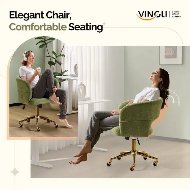Alt view image 3 of 6 - Modern Curved Office & Vanity Desk Chair, Cute Upholstered Nail Chair with Wheels & 360° Swivel & Club & Tilting & Gold Base, for Bedroom, Living Room, Makeup, Velvet Chenille, Green
