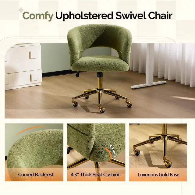 Alt view image 5 of 6 - Modern Curved Office & Vanity Desk Chair, Cute Upholstered Nail Chair with Wheels & 360° Swivel & Club & Tilting & Gold Base, for Bedroom, Living Room, Makeup, Velvet Chenille, Green