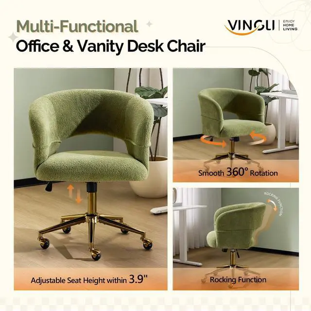 Alt view image 6 of 6 - Modern Curved Office & Vanity Desk Chair, Cute Upholstered Nail Chair with Wheels & 360° Swivel & Club & Tilting & Gold Base, for Bedroom, Living Room, Makeup, Velvet Chenille, Green