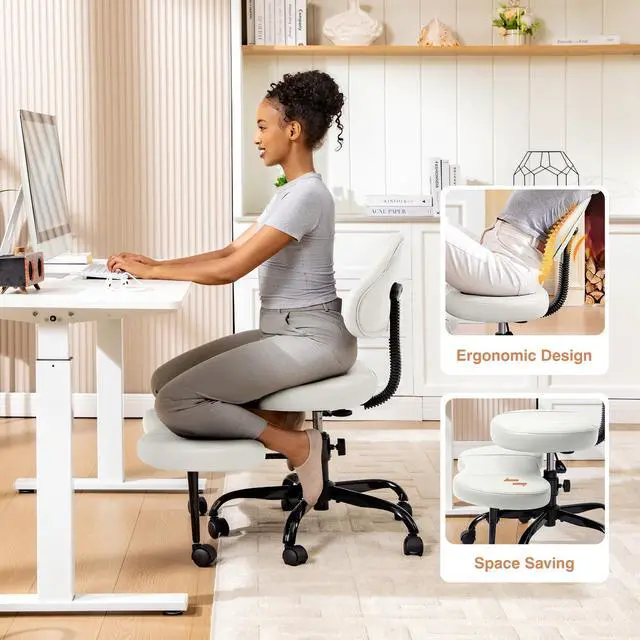 Alt view image 2 of 6 - Cross Legged Office Chair, Criss Cross Desk Chair ADHD Meditation Kneeling Yoga Seat with Adjustable Height, Lumbar Support, Wider Footrest and Wheels (White)