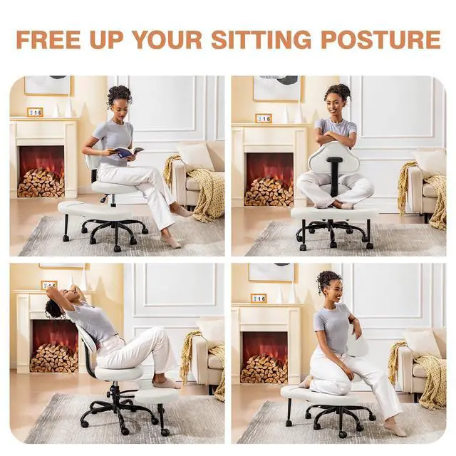 Alt view image 3 of 6 - Cross Legged Office Chair, Criss Cross Desk Chair ADHD Meditation Kneeling Yoga Seat with Adjustable Height, Lumbar Support, Wider Footrest and Wheels (White)